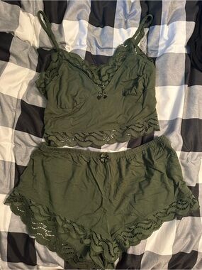 La Vie En Rose Olive Green Lace Cami & Short Pajama Set